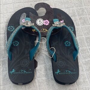 Montana West Black and Teal Sandals with Rhinestones